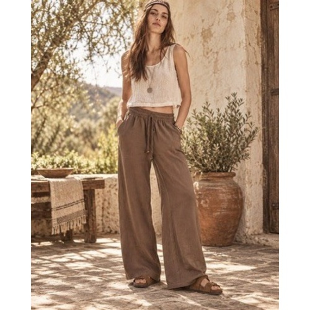 Halara Women Brown Wide Leg Elastic Waist Drawstring Pants Petite Small Q2814611